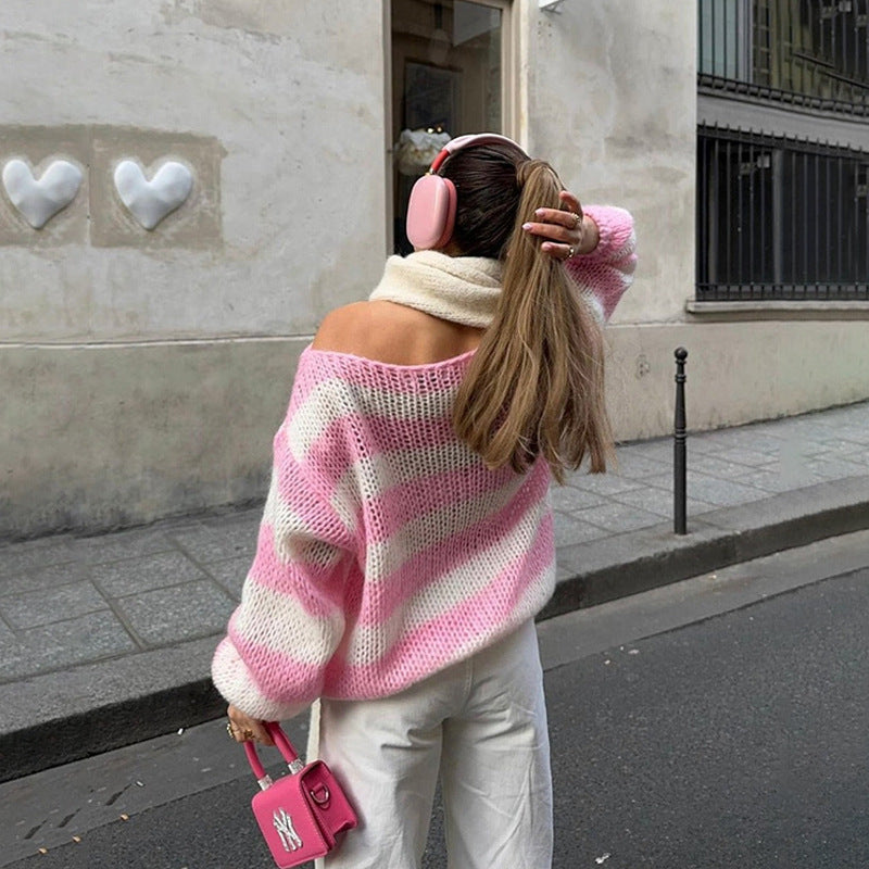 Women's Loose Striped Pullover Sweater, Long Sleeve Knit Top
