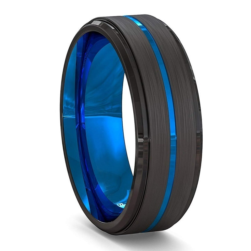 Two-Tone Men Jewelry 8Mm Wide Slotted Blue And Black Tungsten Steel Ring Jewelry