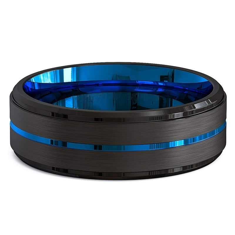 Two-Tone Men Jewelry 8Mm Wide Slotted Blue And Black Tungsten Steel Ring Jewelry