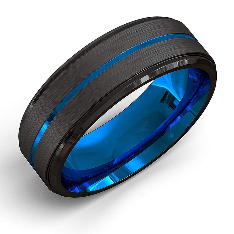 Two-Tone Men Jewelry 8Mm Wide Slotted Blue And Black Tungsten Steel Ring Jewelry