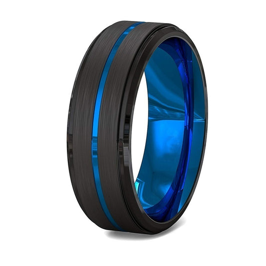 Two-Tone Men Jewelry 8Mm Wide Slotted Blue And Black Tungsten Steel Ring Jewelry