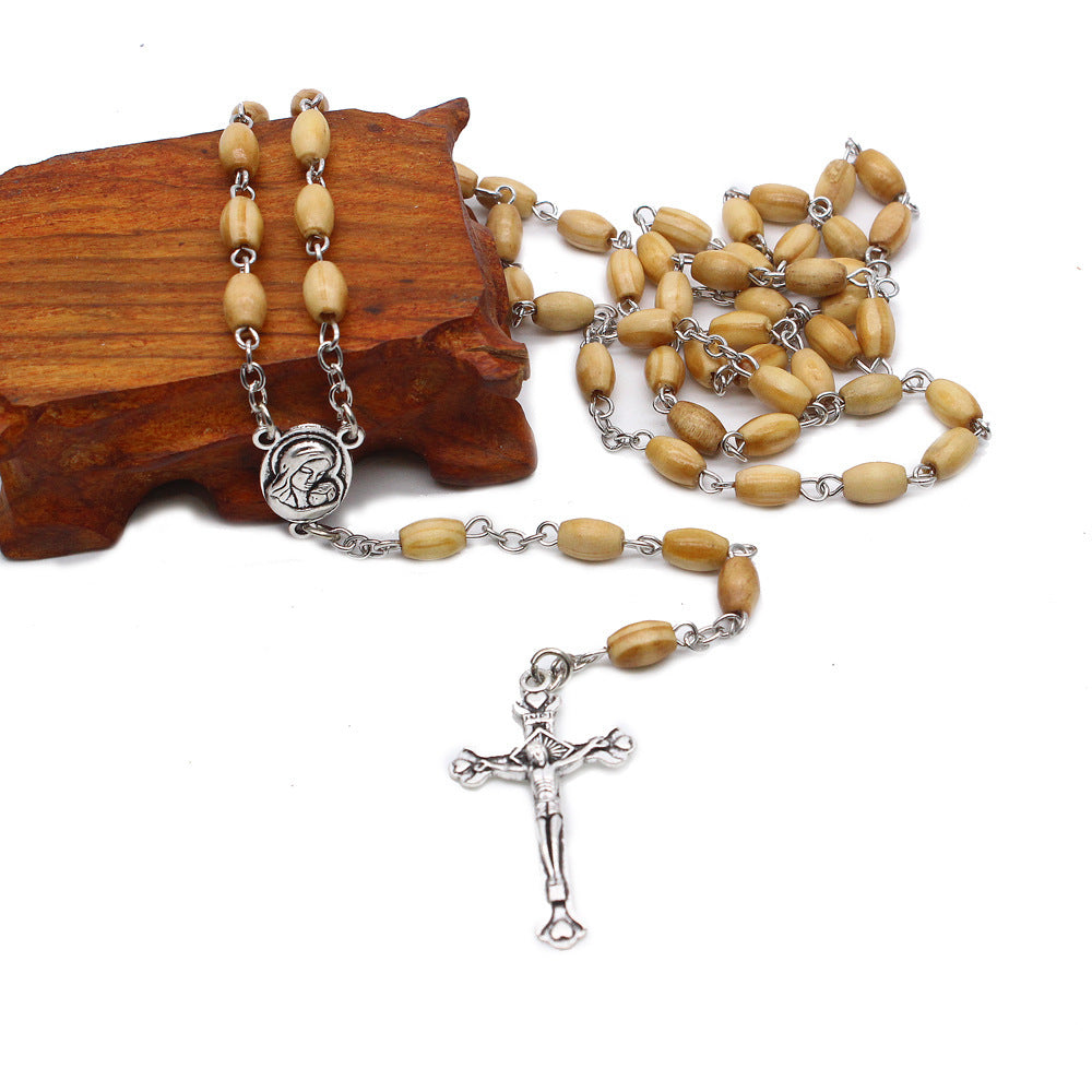 Wooden rice beads rosary cross necklace