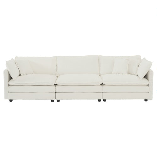 Mid-Century Modern 3-Seater Sofa – White Chenille Couch with Armrest & Toss Pillows