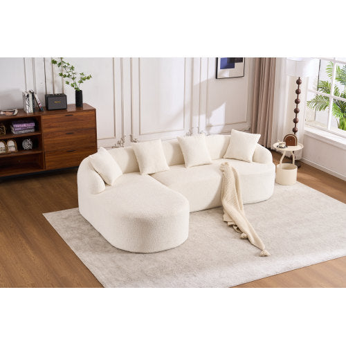 Grey Compression Sofa – 3-Seater with Chaise Longue & 4 Pillows, Wood Grain Chenille Fabric