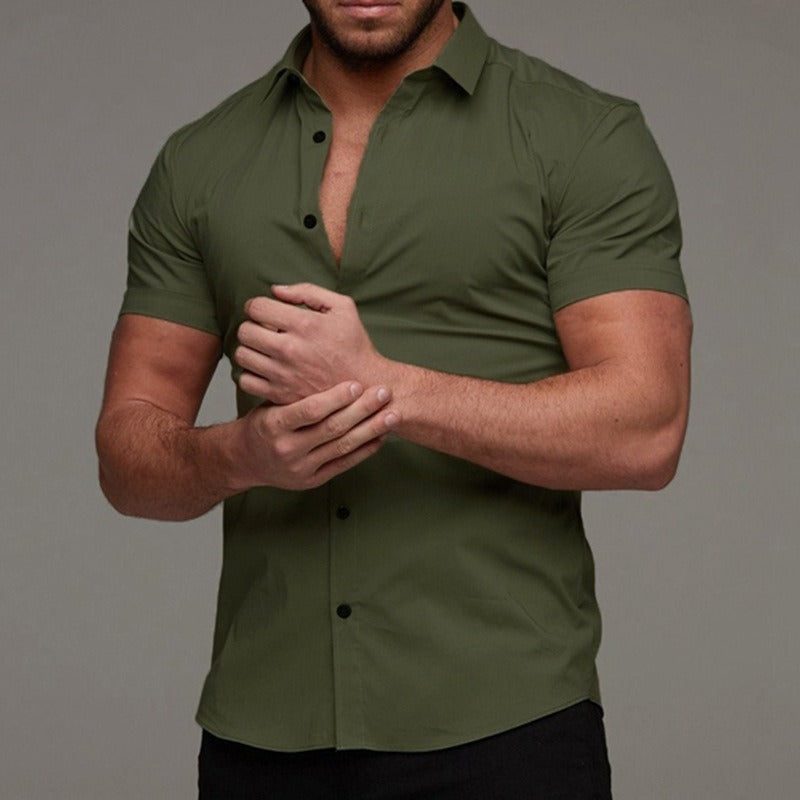 Men's Short Sleeve Business Casual Solid Color Lapel Shirt
