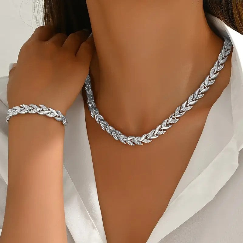 ✨ Women’s Luxury Willow Leaf Diamond Bracelet & Necklace Set – Elegant Jewelry Gift