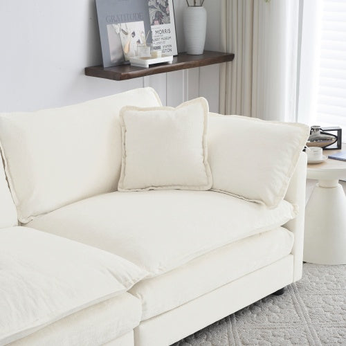 Mid-Century Modern 3-Seater Sofa – White Chenille Couch with Armrest & Toss Pillows