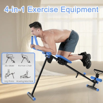 Man using Sheila Merchandise 4-in-1 ab workout equipment with ab glider, Roman chair, leg press, and rowing machine functions