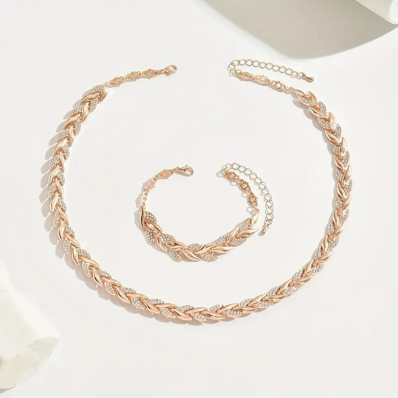 ✨ Women’s Luxury Willow Leaf Diamond Bracelet & Necklace Set – Elegant Jewelry Gift