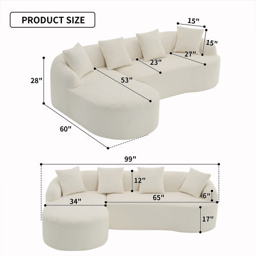 Grey Compression Sofa – 3-Seater with Chaise Longue & 4 Pillows, Wood Grain Chenille Fabric