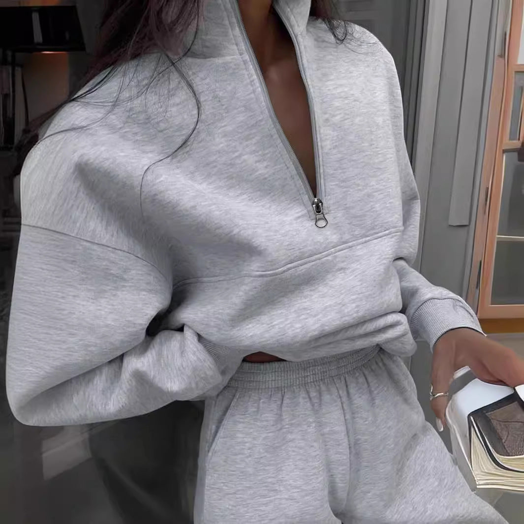 Long-sleeved Sports Sweatshirt Suit Fashion Stand-up Collar Zip-up Top And Elastic Band Trousers With Pocket Fall Clothing For Women