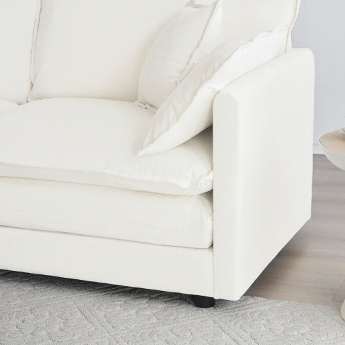 Mid-Century Modern 3-Seater Sofa – White Chenille Couch with Armrest & Toss Pillows