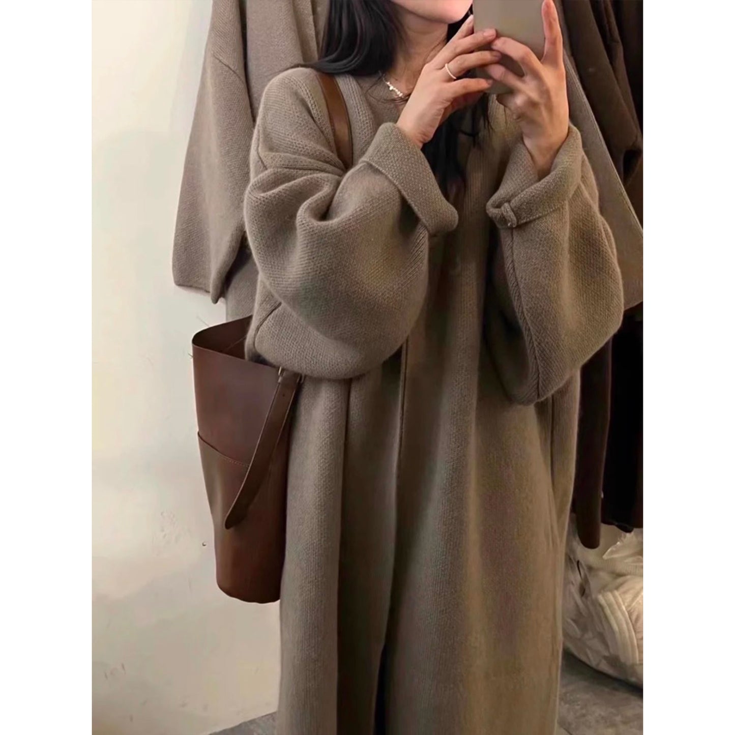 Khaki Knitted Cardigan Sweater, Women's Coat, Long Cardigan, Wool Coat, Cozy Style Loose, Plus Size Maxi Coat, Office Outfits, Fall Clothing