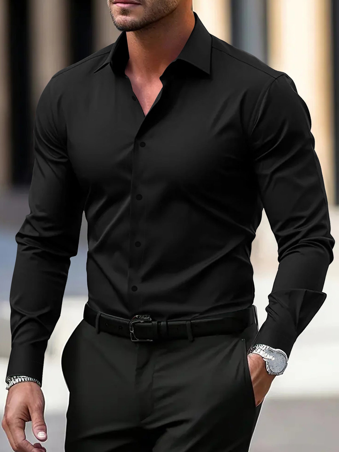 Men's Classic Solid Color Business Button-Down Shirt