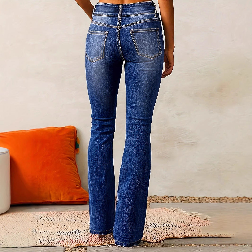 👖 Women’s Skinny Flared Jeans – Slim Fit Denim Pants with Pockets & Button Zipper