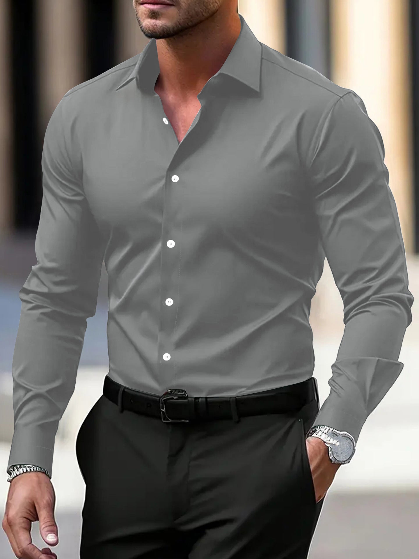 Men's Classic Solid Color Business Button-Down Shirt