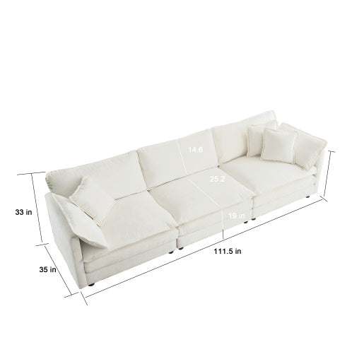 Mid-Century Modern 3-Seater Sofa – White Chenille Couch with Armrest & Toss Pillows