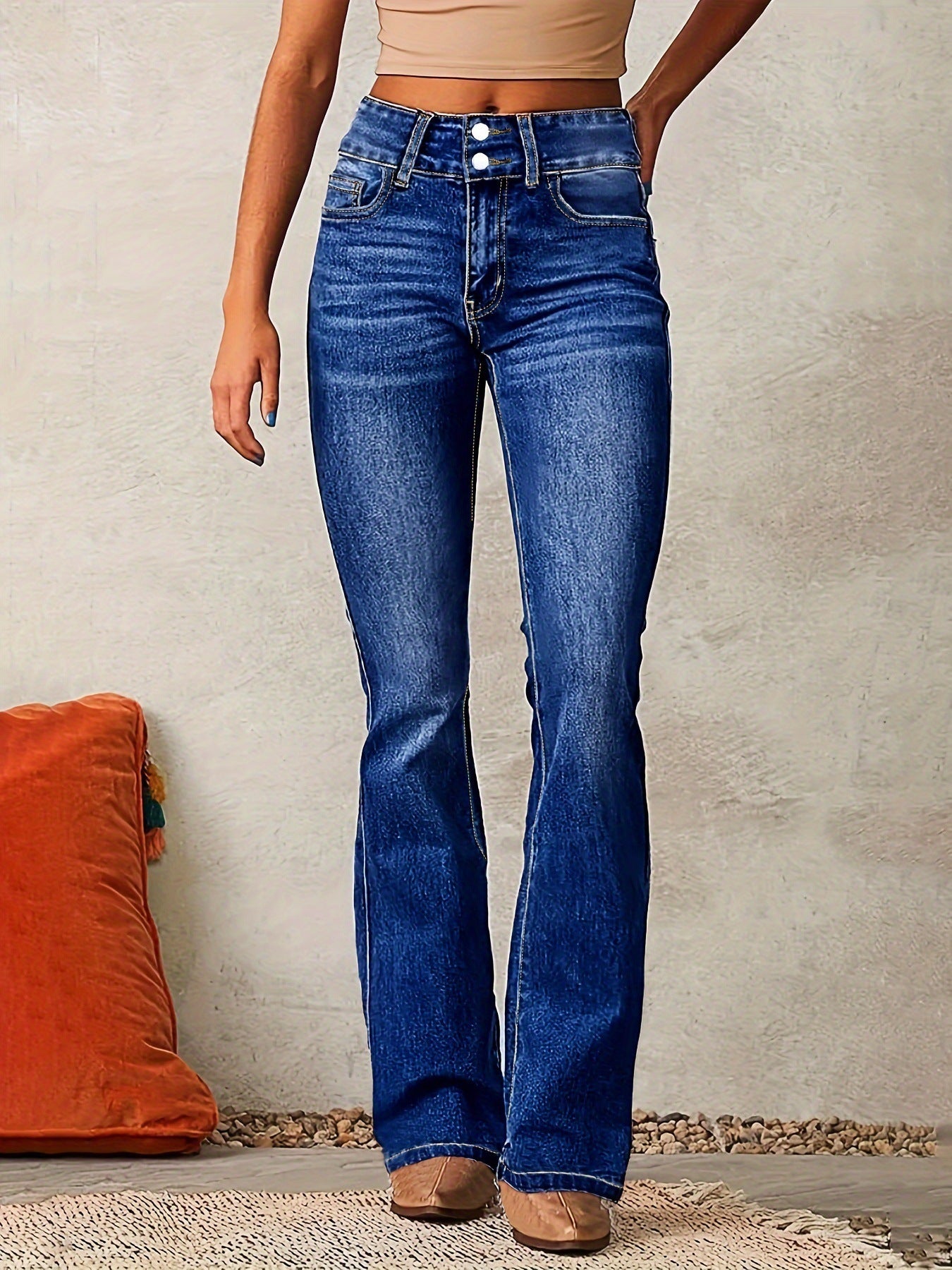 👖 Women’s Skinny Flared Jeans – Slim Fit Denim Pants with Pockets & Button Zipper