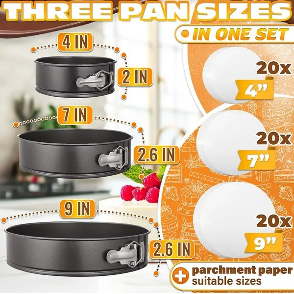 3-Piece Non-Stick Springform Cake Pan Set (4'', 7'', 9'') with 60 Parchment Papers"