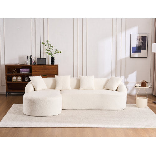 Grey Compression Sofa – 3-Seater with Chaise Longue & 4 Pillows, Wood Grain Chenille Fabric