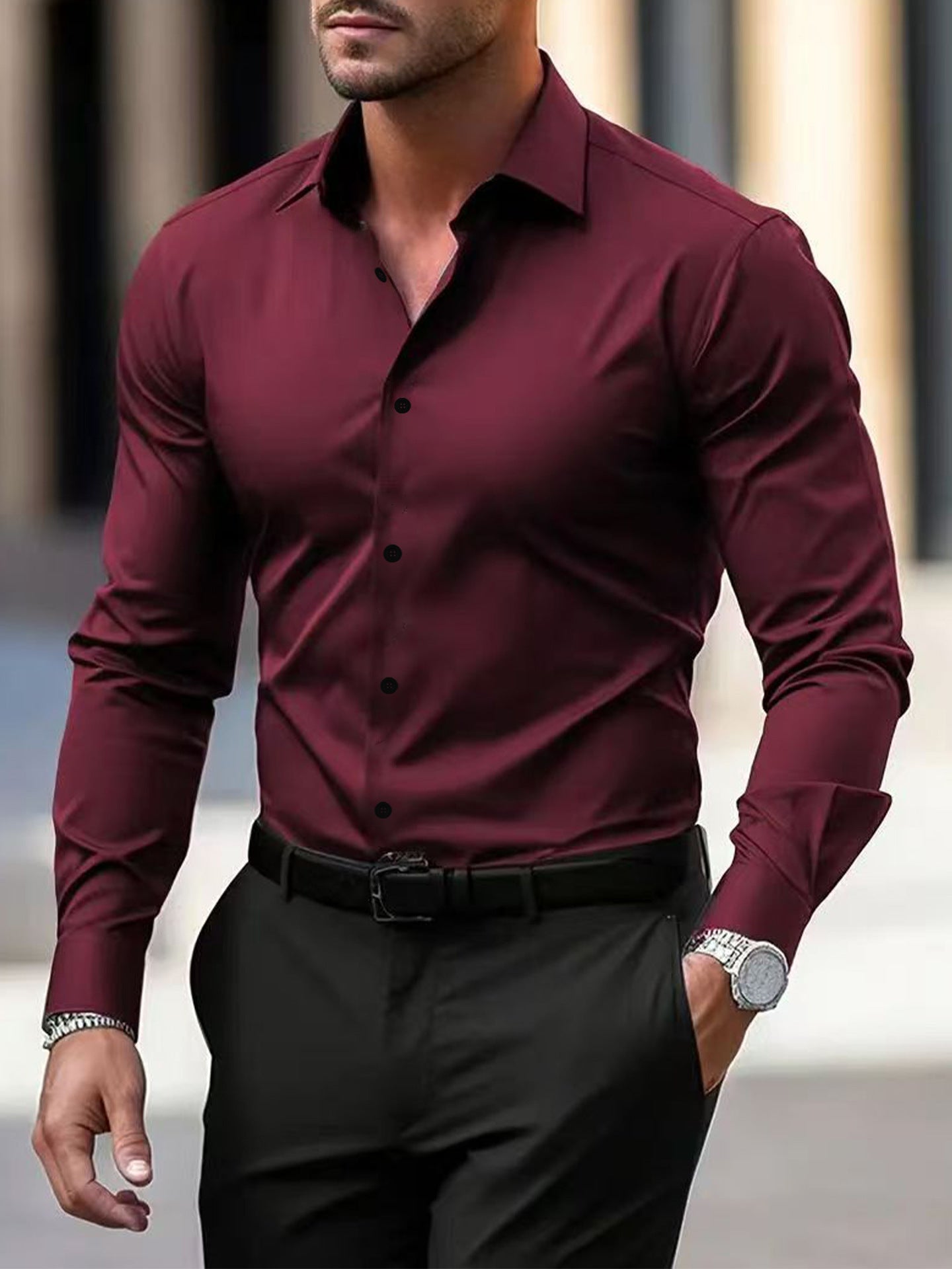 Men's Classic Solid Color Business Button-Down Shirt