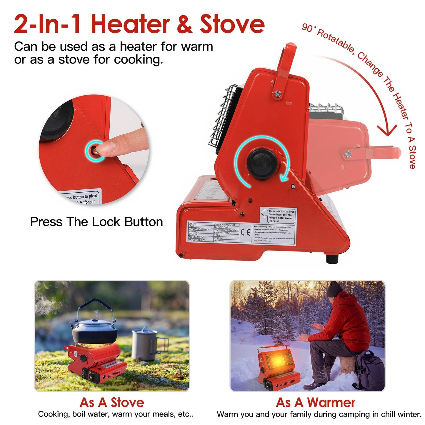 2 In 1 Portable Outdoor Butane Gas Heater & Cooking Stove Cooker For Camping Fishing RV