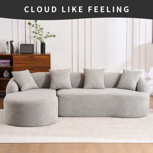 Grey Compression Sofa – 3-Seater with Chaise Longue & 4 Pillows, Wood Grain Chenille Fabric