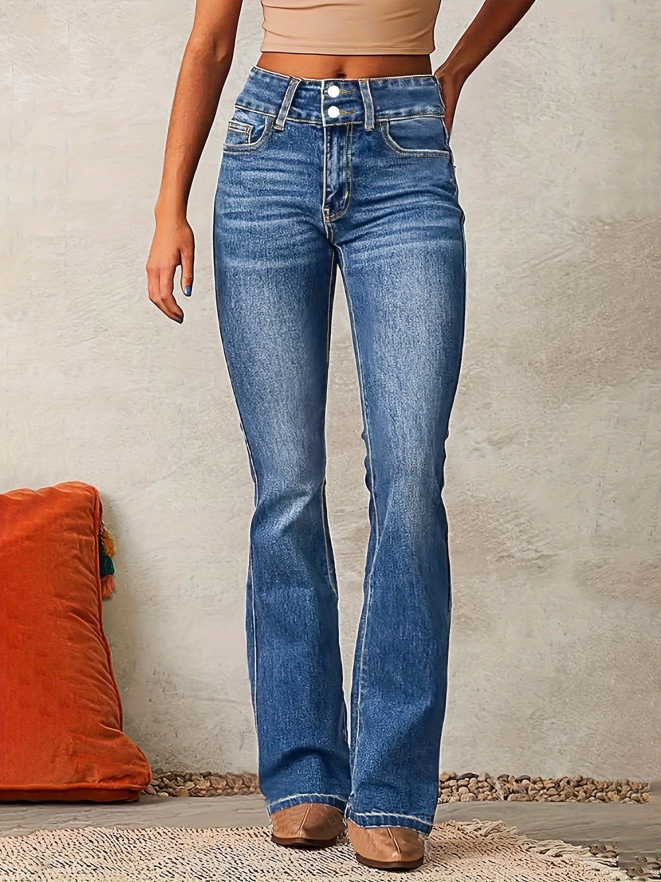 👖 Women’s Skinny Flared Jeans – Slim Fit Denim Pants with Pockets & Button Zipper