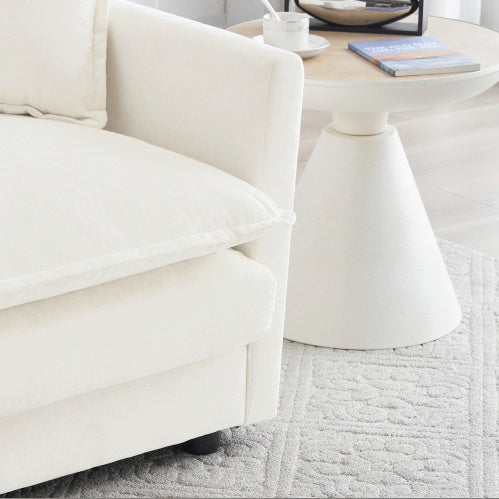 Mid-Century Modern 3-Seater Sofa – White Chenille Couch with Armrest & Toss Pillows