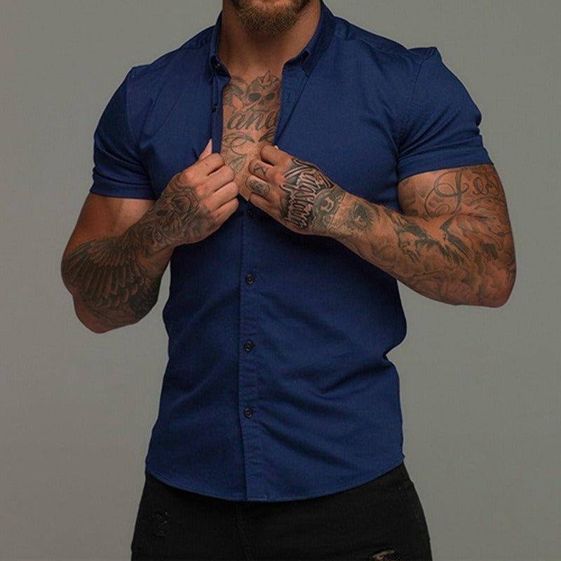 Men's Short Sleeve Business Casual Solid Color Lapel Shirt