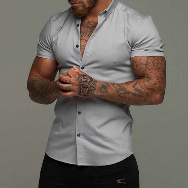 Men's Short Sleeve Business Casual Solid Color Lapel Shirt