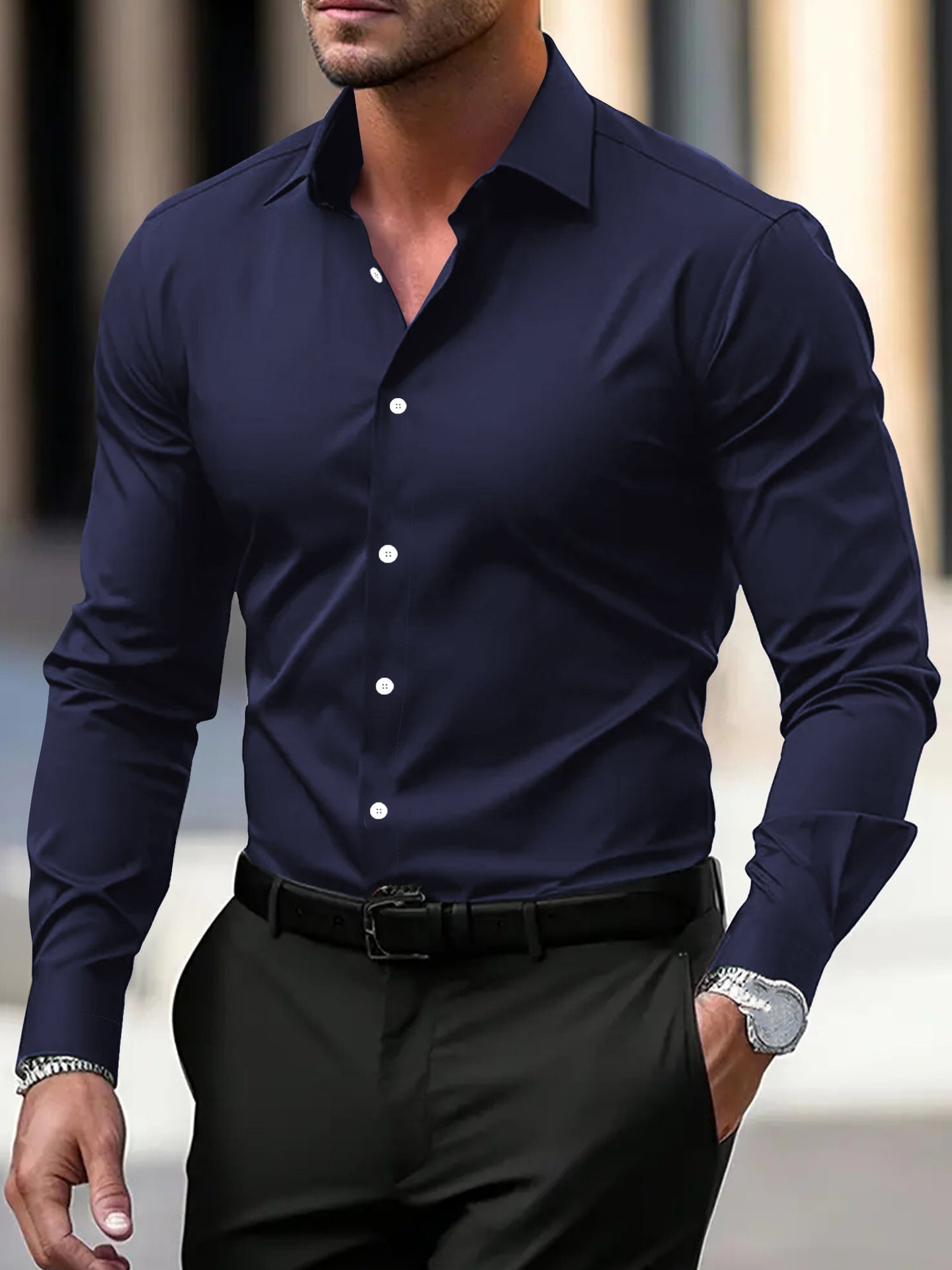 Men's Classic Solid Color Business Button-Down Shirt