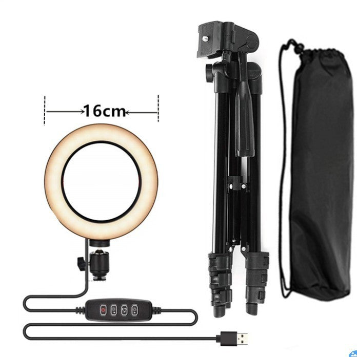 Adjustable phone stand for live streaming with a ring light and USB power cord