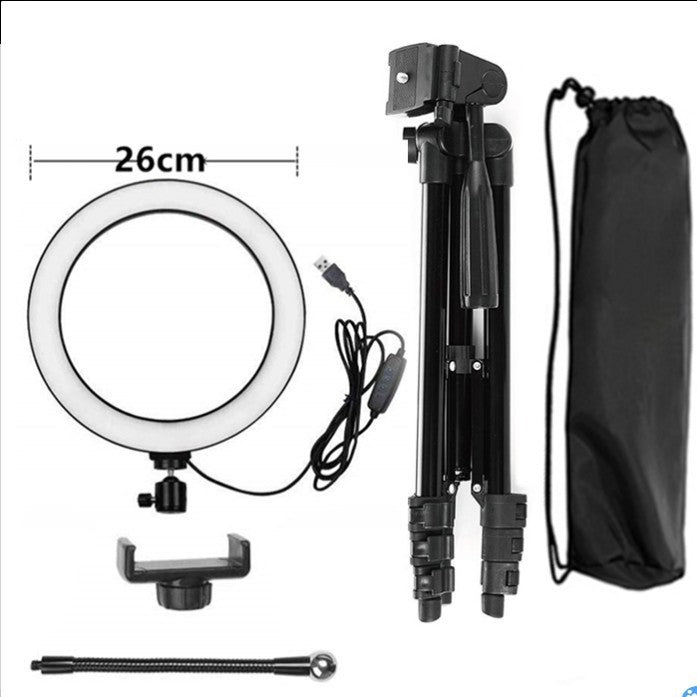 Adjustable phone stand for live streaming with a 26cm ring light and portable tripod setup