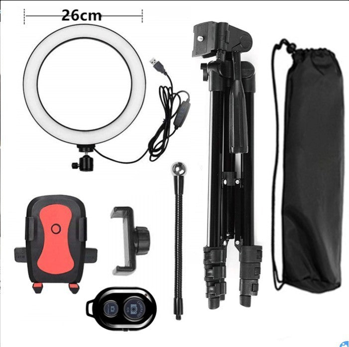 Complete adjustable phone stand for live streaming with ring light, tripod, and remote control