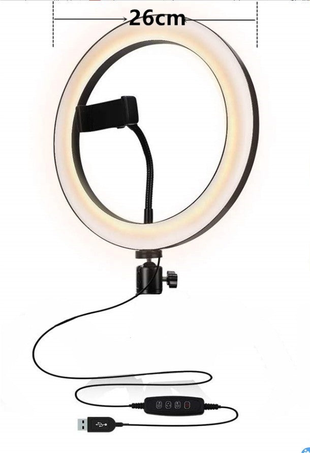 Adjustable phone stand for live streaming with 26cm ring light and USB control for optimal lighting