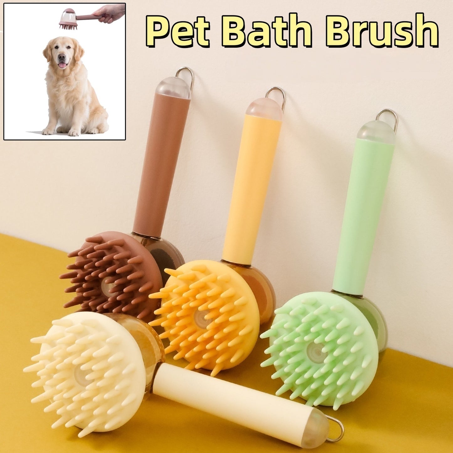 Sheila Merchandise 3 in 1 bath brushes in brown yellow green for dogs and cats all-in-one pet grooming brush