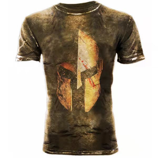 Sheila Merchandise American flag graphic tee with distressed Spartan helmet design on brown background