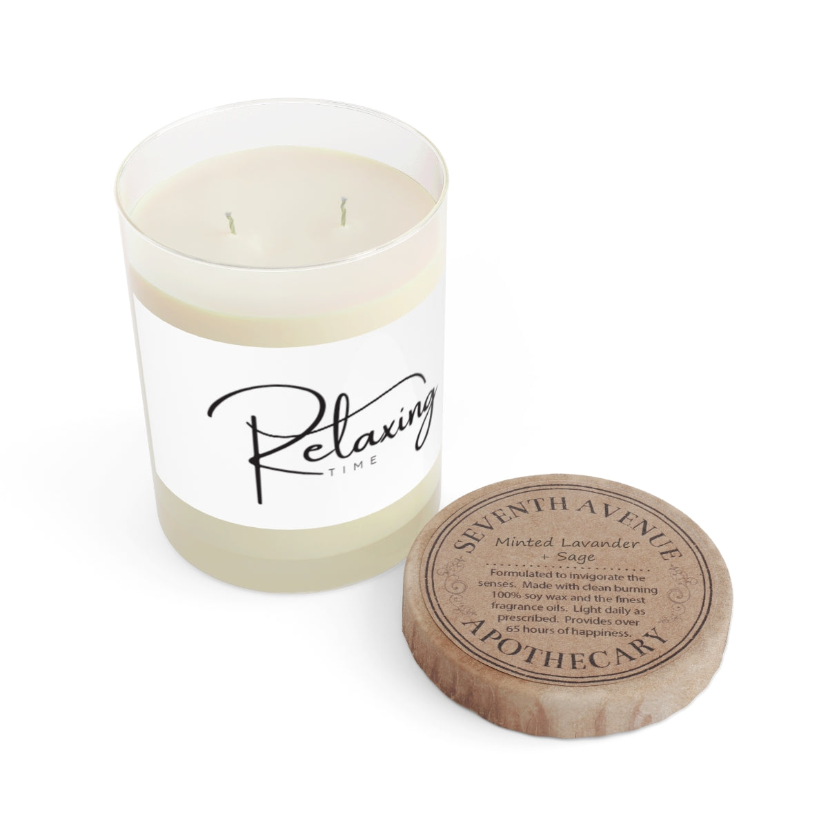 Aromatic candles home decor featuring a Relaxing Time design with a wooden lid and soothing scents