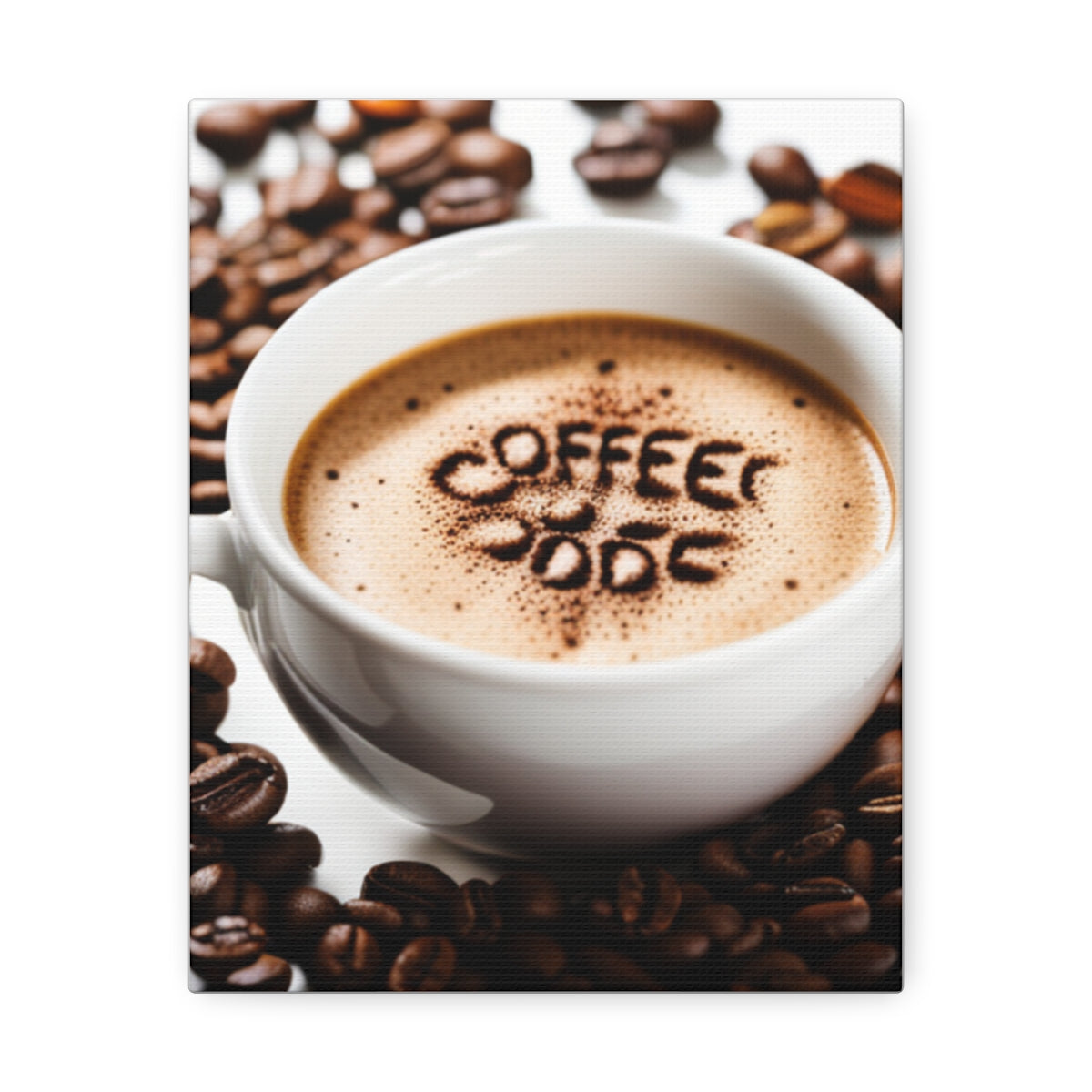 Canvas featuring coffee cup with coffee beans and text art for coffee enthusiasts