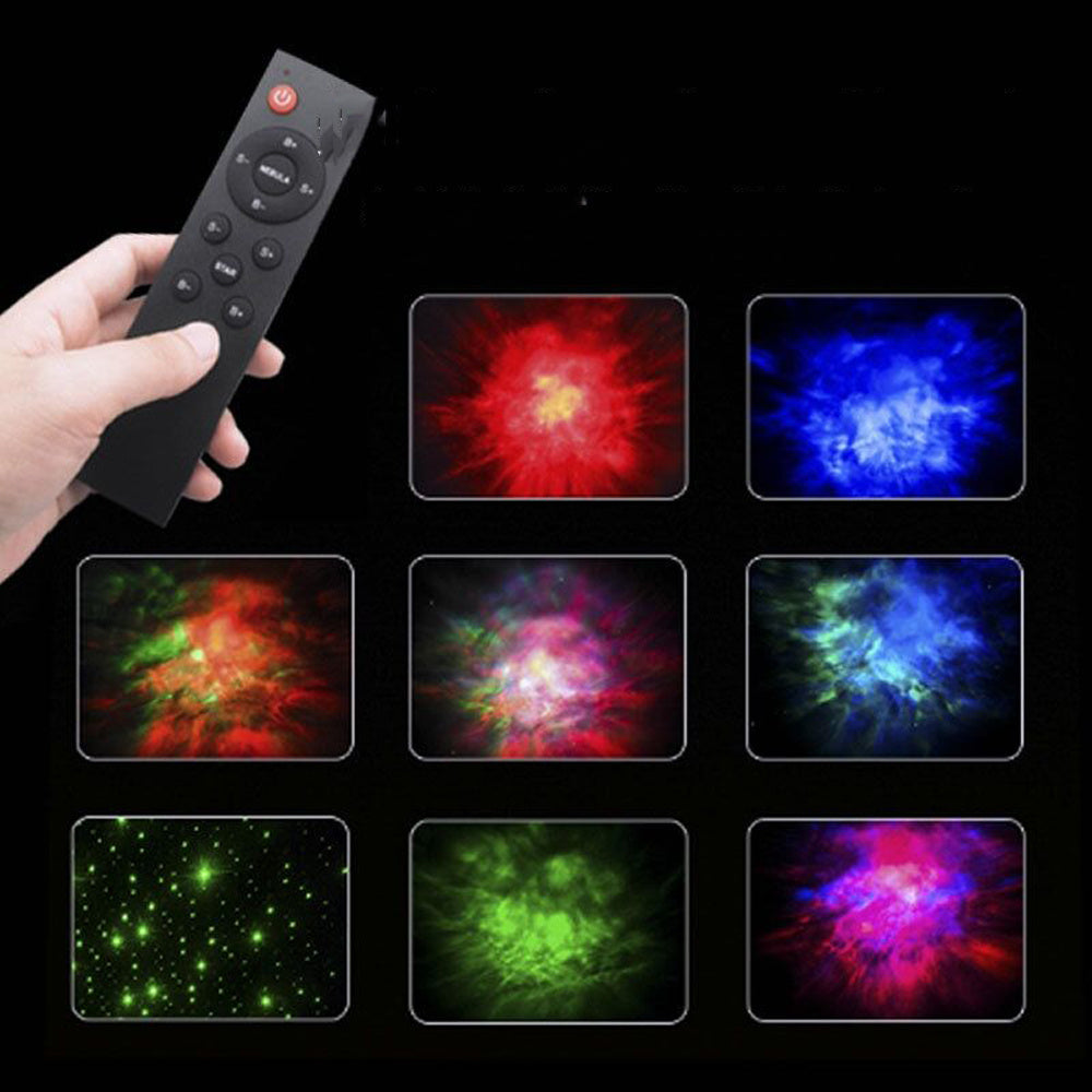 Hand holding remote control for astronaut galaxy projector lamp showing nine colorful starry sky light modes