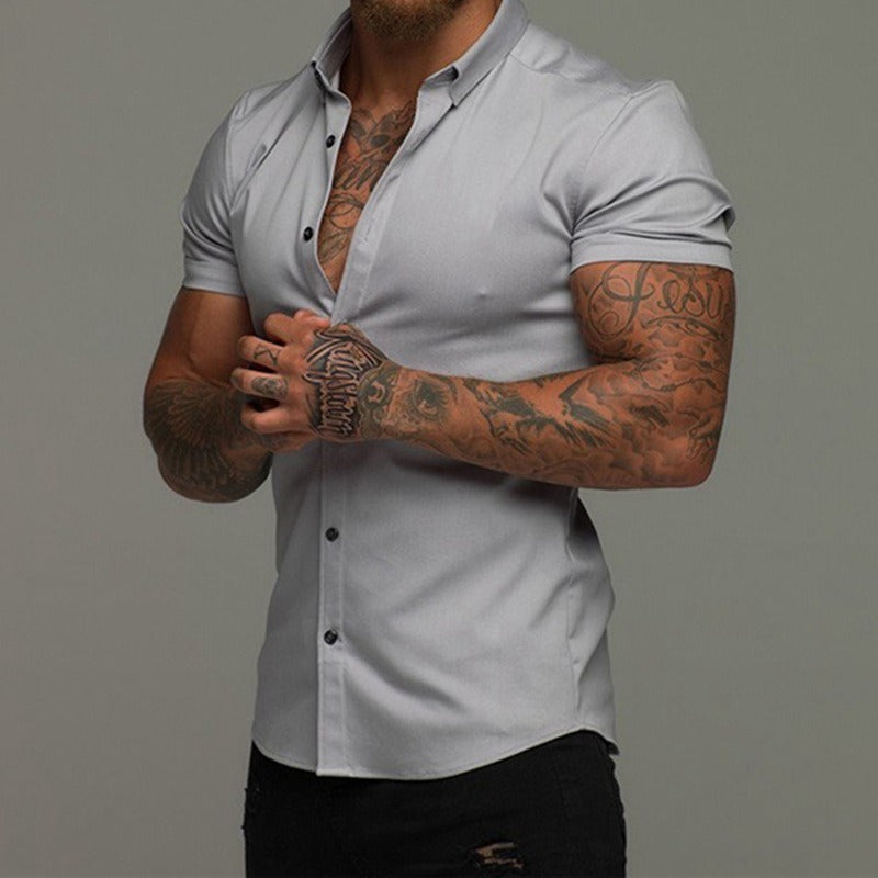 Men's Short Sleeve Business Casual Solid Color Lapel Shirt