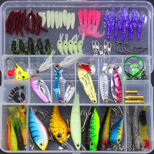 Beginner fishing kit with assorted lures, hooks, soft baits, and fishing accessories in a clear tackle box