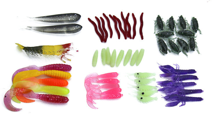 Sheila Merchandise beginner fishing kit with assorted soft plastic lures in various colors and shapes