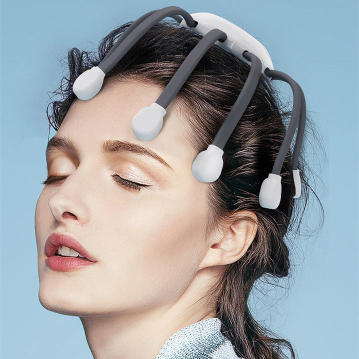 Sheila Merchandise smart electric head massager on a woman demonstrating the best electric head massager for stress relief