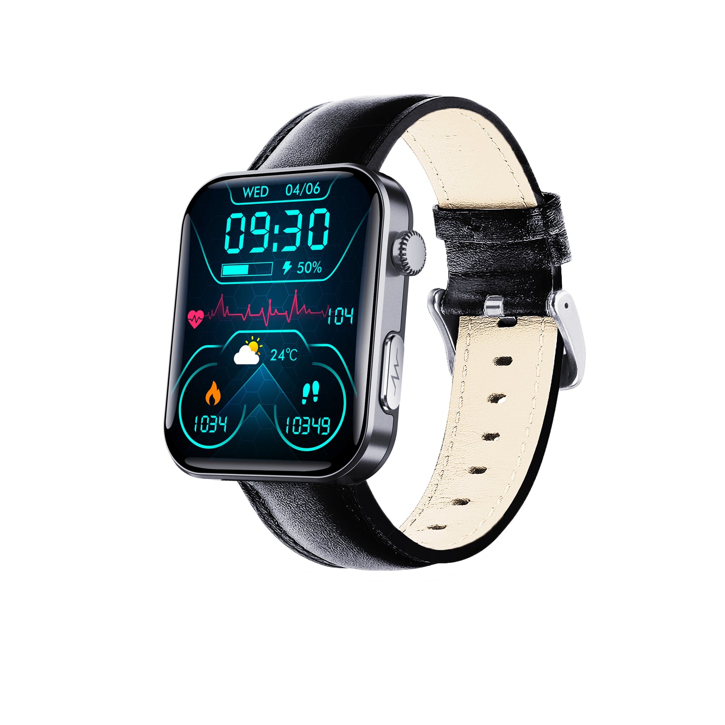 Bluetooth health monitoring smartwatch with black leather strap and digital fitness display