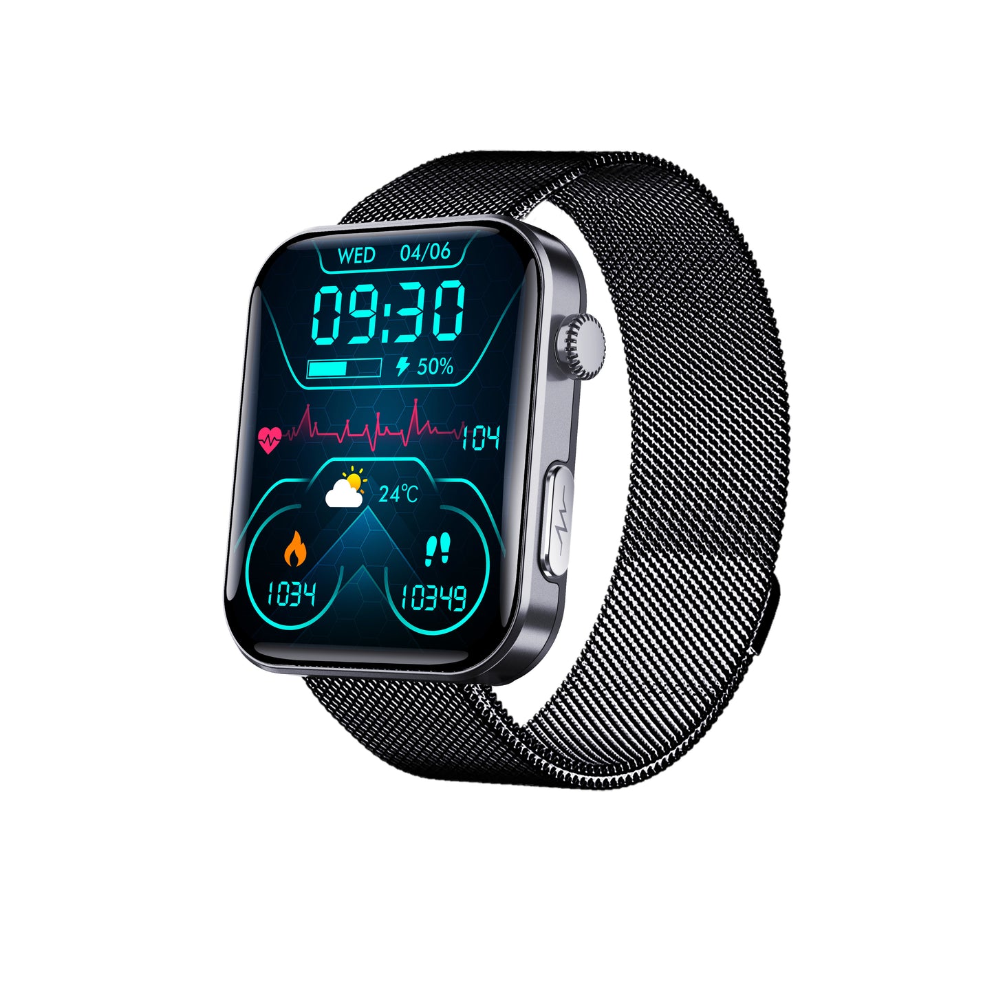 Bluetooth health monitoring smartwatch with black mesh band showing time and health stats
