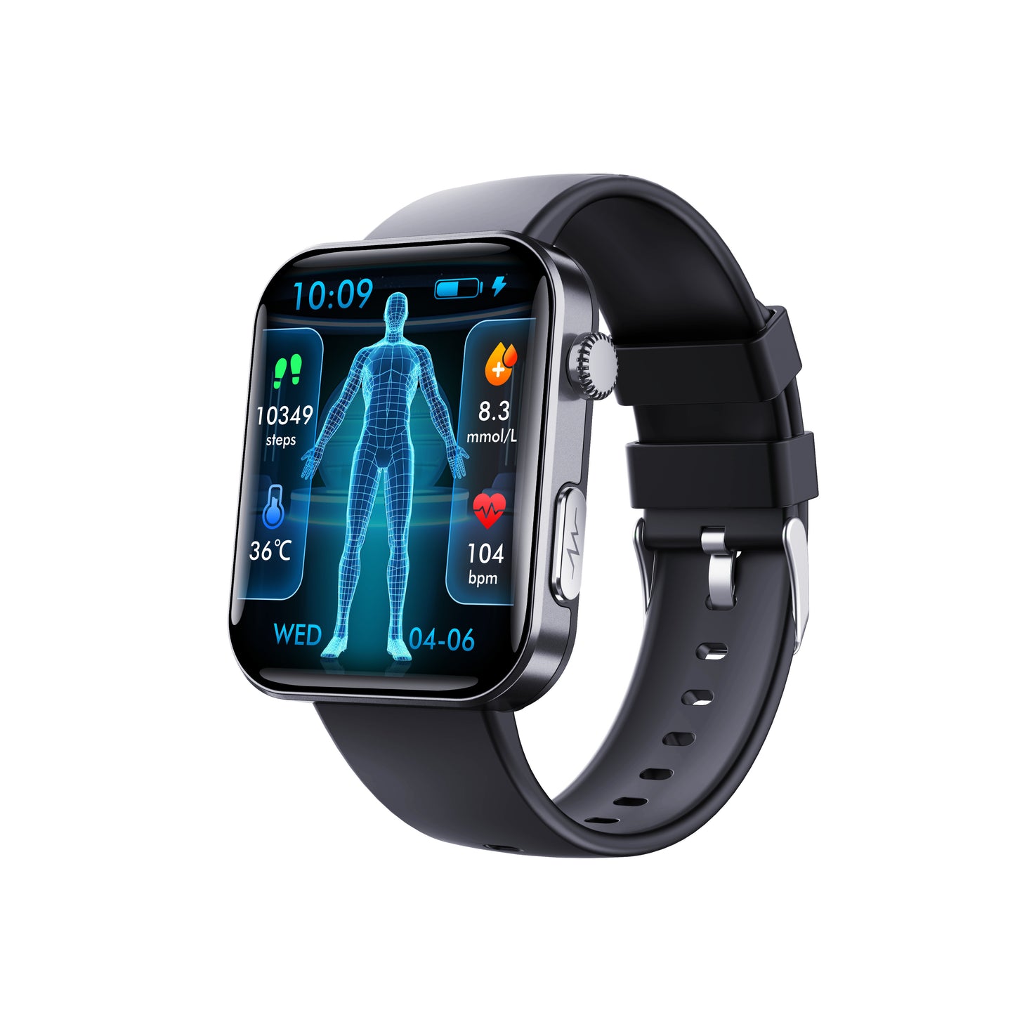 Bluetooth health monitoring smartwatch with black band showing fitness and health stats on screen