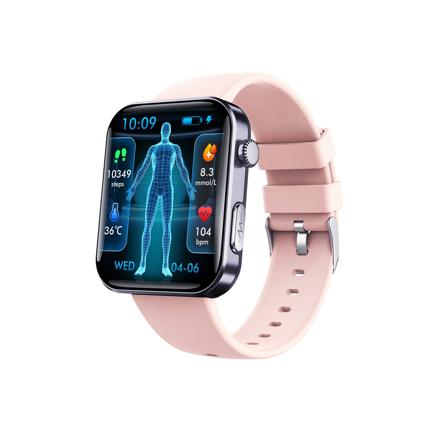 Bluetooth health monitoring smartwatch with pink band showing health stats on display