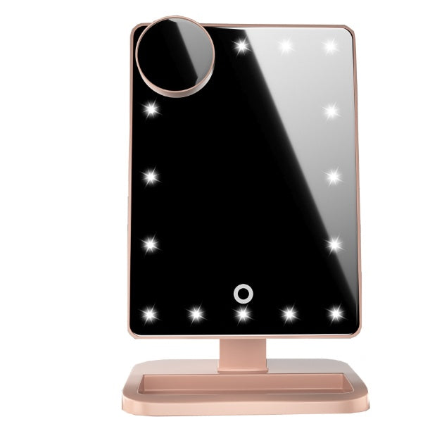 Sheila Merchandise Bluetooth makeup mirror with lights featuring a rectangular shape and round magnifying mirror